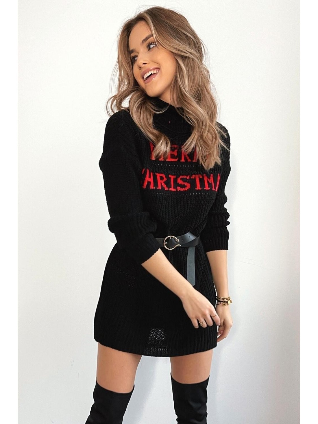 Long Christmas sweater with turtleneck, black 2353 - Online store - Boutique